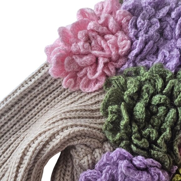 Handmade Beige Open-Front Knit Cardigan Upcycled With Floral Crochet Accents - Picture 11 of 14